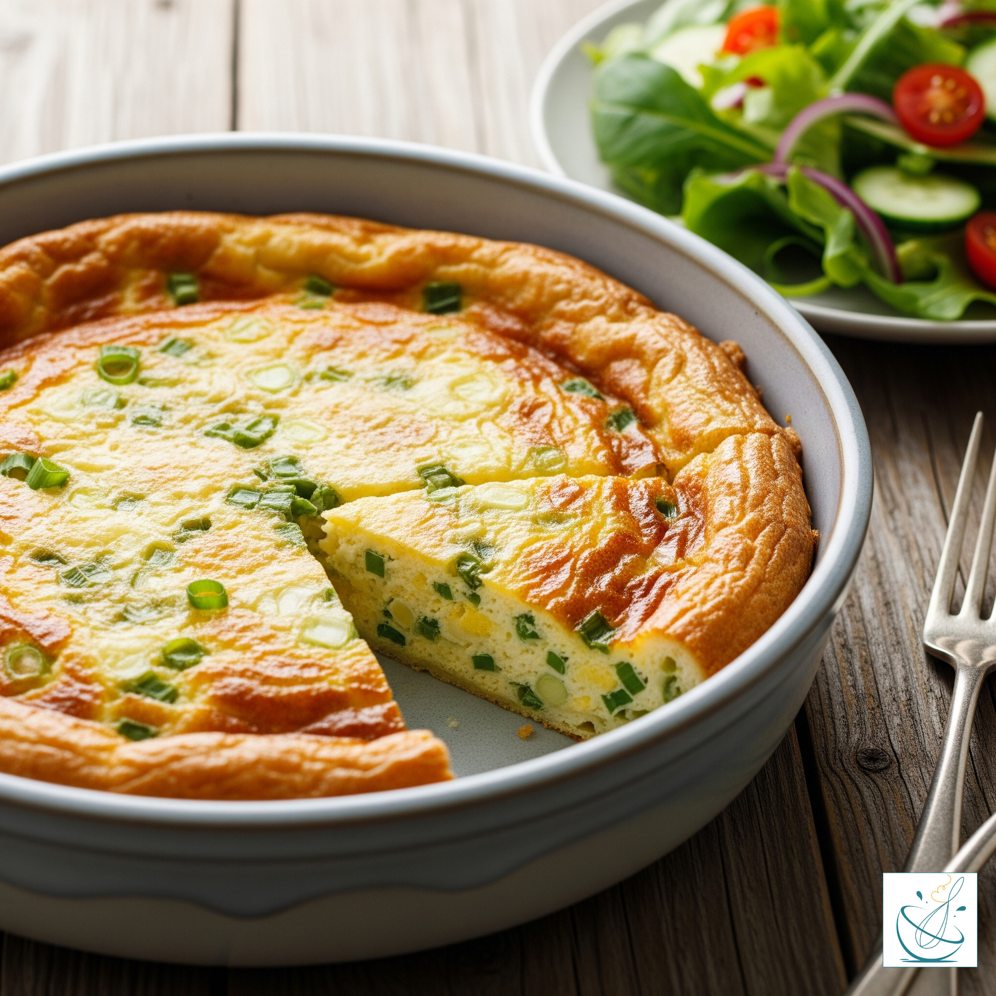 O tavă rotundă din ceramică gri conținând un quiche rumenit cu ceapă verde, din care s-a tăiat o felie, așezată pe o masă din lemn alături de o salată proaspătă și două furculițe.