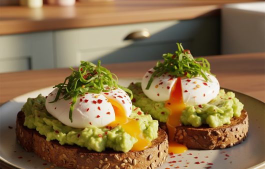 Două felii de pâine prăjită cu semințe, acoperite cu pastă de avocado și ouă poșate din care curge gălbenușul, așezate pe o farfurie într-o bucătărie luminoasă.