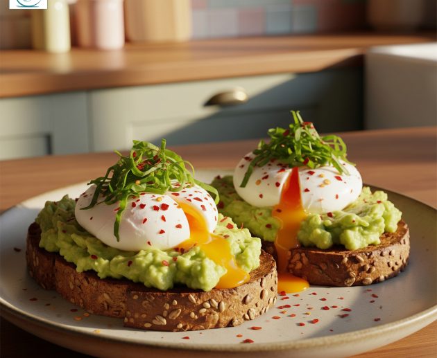 Două felii de pâine prăjită cu semințe, acoperite cu pastă de avocado și ouă poșate din care curge gălbenușul, așezate pe o farfurie într-o bucătărie luminoasă.