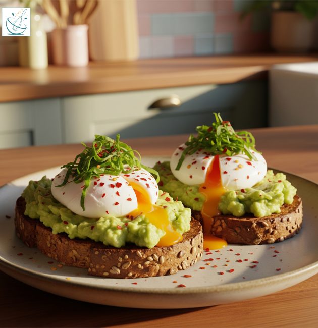 Două felii de pâine prăjită cu semințe, acoperite cu pastă de avocado și ouă poșate din care curge gălbenușul, așezate pe o farfurie într-o bucătărie luminoasă.
