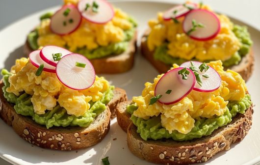 Patru tartine din pâine cu semințe, unse cu pastă de avocado și acoperite cu omletă pufoasă și felii de ridiche, așezate pe o farfurie albă luminată de soare.