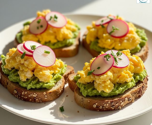 Patru tartine din pâine cu semințe, unse cu pastă de avocado și acoperite cu omletă pufoasă și felii de ridiche, așezate pe o farfurie albă luminată de soare.