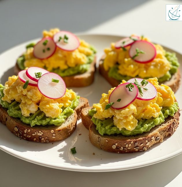 Patru tartine din pâine cu semințe, unse cu pastă de avocado și acoperite cu omletă pufoasă și felii de ridiche, așezate pe o farfurie albă luminată de soare.