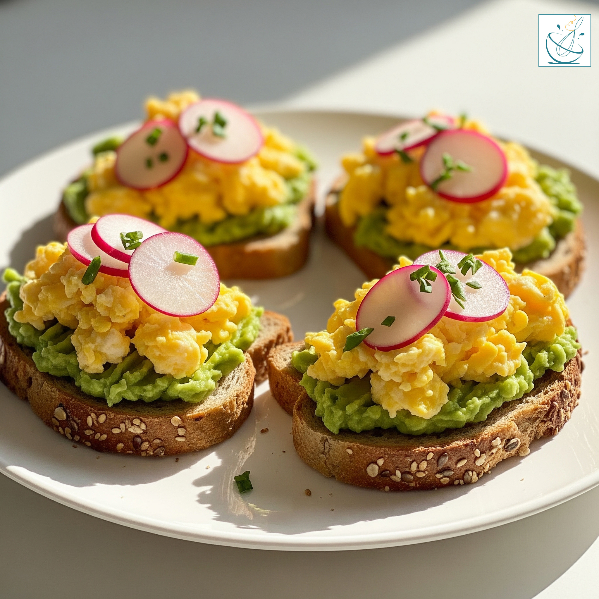 Patru tartine din pâine cu semințe, unse cu pastă de avocado și acoperite cu omletă pufoasă și felii de ridiche, așezate pe o farfurie albă luminată de soare.