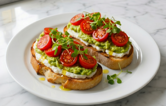 Două tartine mari din pâine artizanală prăjită, acoperite cu straturi de brânză cremoasă albă, avocado pasat (guacamole), jumătăți de roșii cherry roșii și microplante proaspete, servite pe o farfurie rotundă albă.
