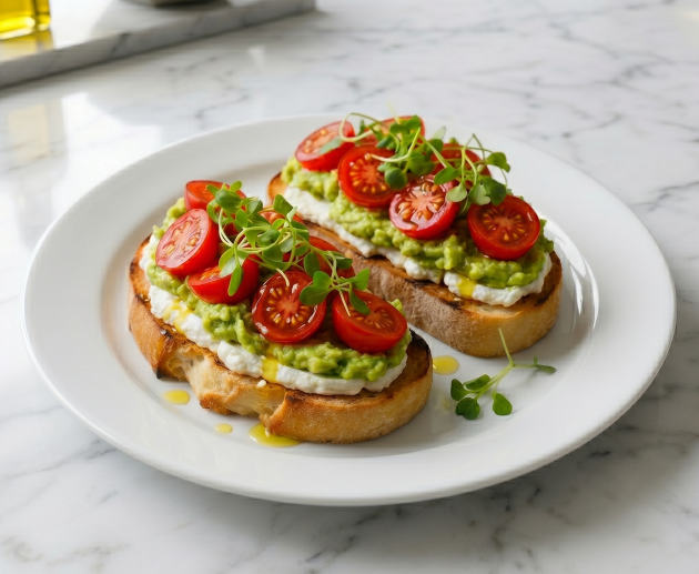 Două tartine mari din pâine artizanală prăjită, acoperite cu straturi de brânză cremoasă albă, avocado pasat (guacamole), jumătăți de roșii cherry roșii și microplante proaspete, servite pe o farfurie rotundă albă.