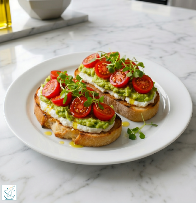 Două tartine mari din pâine artizanală prăjită, acoperite cu straturi de brânză cremoasă albă, avocado pasat (guacamole), jumătăți de roșii cherry roșii și microplante proaspete, servite pe o farfurie rotundă albă.