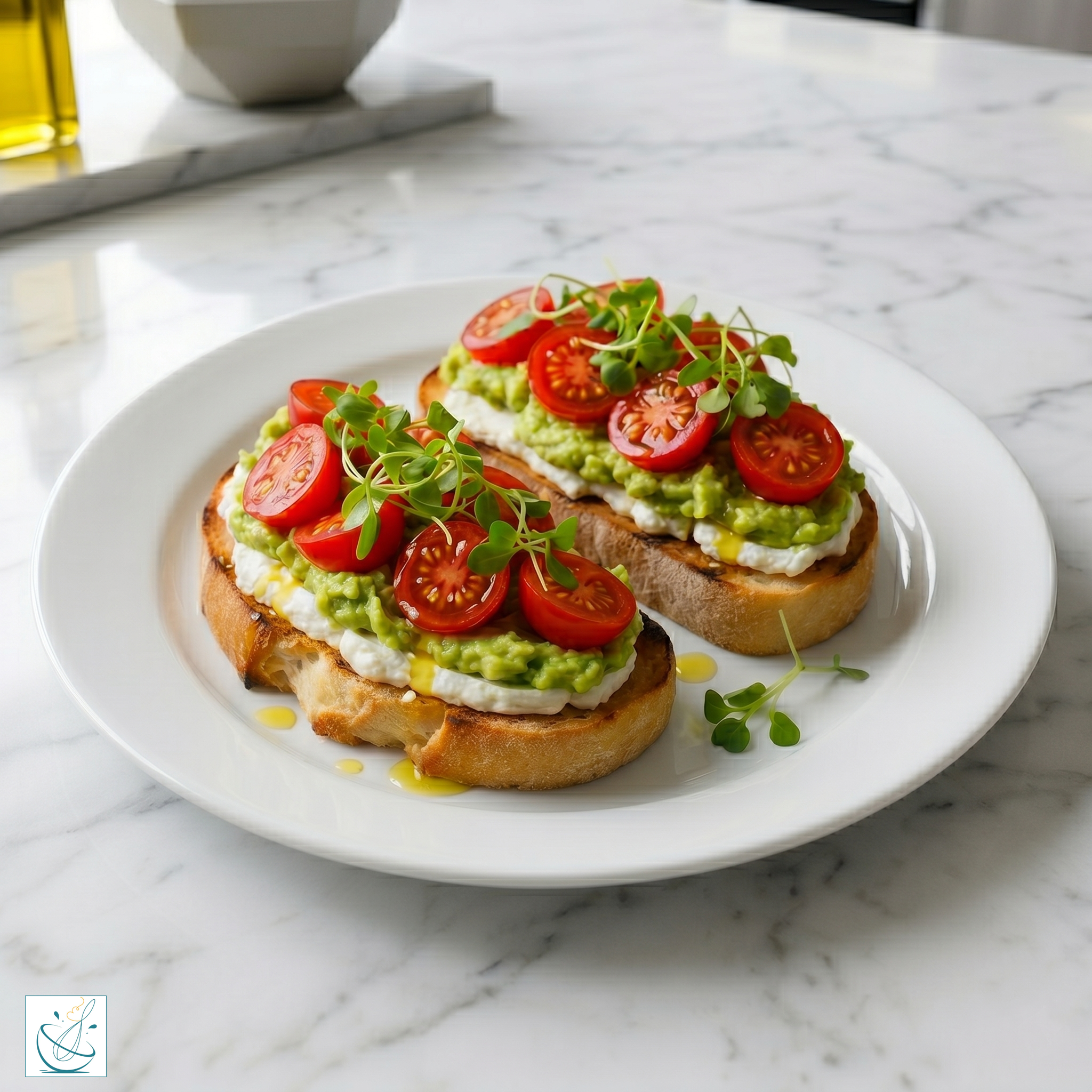 Două tartine mari din pâine artizanală prăjită, acoperite cu straturi de brânză cremoasă albă, avocado pasat (guacamole), jumătăți de roșii cherry roșii și microplante proaspete, servite pe o farfurie rotundă albă.