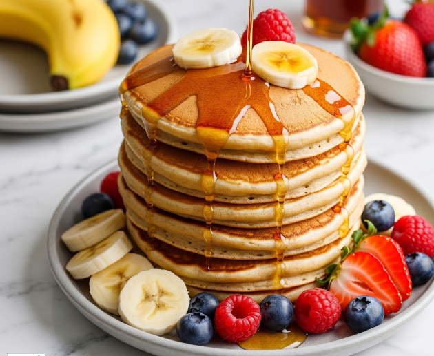 Un teanc înalt de clătite americane aurii, stropit cu sirop care curge de sus, decorat cu felii de banană, zmeură, afine și căpșuni, servit pe o farfurie gri așezată pe un blat de marmură.
