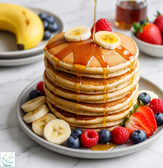 Un teanc înalt de clătite americane aurii, stropit cu sirop care curge de sus, decorat cu felii de banană, zmeură, afine și căpșuni, servit pe o farfurie gri așezată pe un blat de marmură.