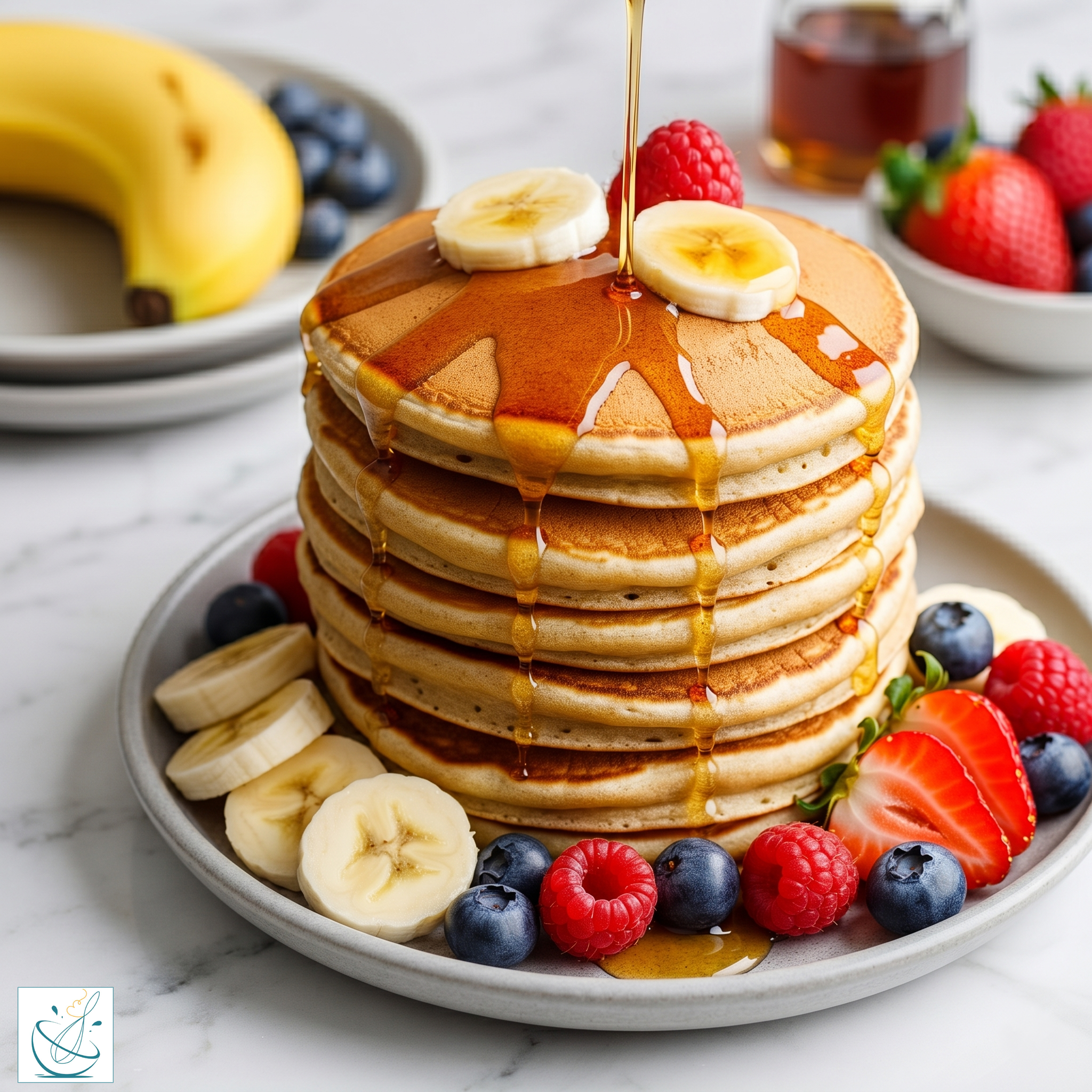 Un teanc înalt de clătite americane aurii, stropit cu sirop care curge de sus, decorat cu felii de banană, zmeură, afine și căpșuni, servit pe o farfurie gri așezată pe un blat de marmură.