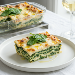 O porție de lasagna cu straturi vizibile de spanac și sos alb, servită pe o farfurie rotundă, alături de un pahar cu vin alb și restul preparatului într-un vas de sticlă.
