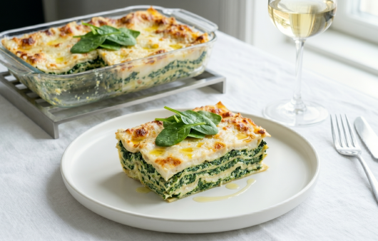 O porție de lasagna cu straturi vizibile de spanac și sos alb, servită pe o farfurie rotundă, alături de un pahar cu vin alb și restul preparatului într-un vas de sticlă.