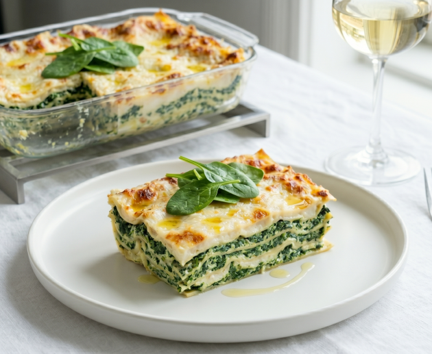 O porție de lasagna cu straturi vizibile de spanac și sos alb, servită pe o farfurie rotundă, alături de un pahar cu vin alb și restul preparatului într-un vas de sticlă.