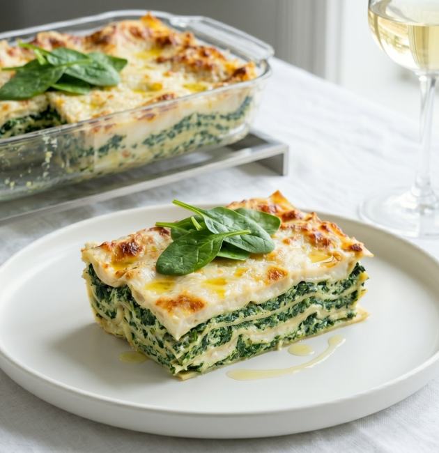 O porție de lasagna cu straturi vizibile de spanac și sos alb, servită pe o farfurie rotundă, alături de un pahar cu vin alb și restul preparatului într-un vas de sticlă.