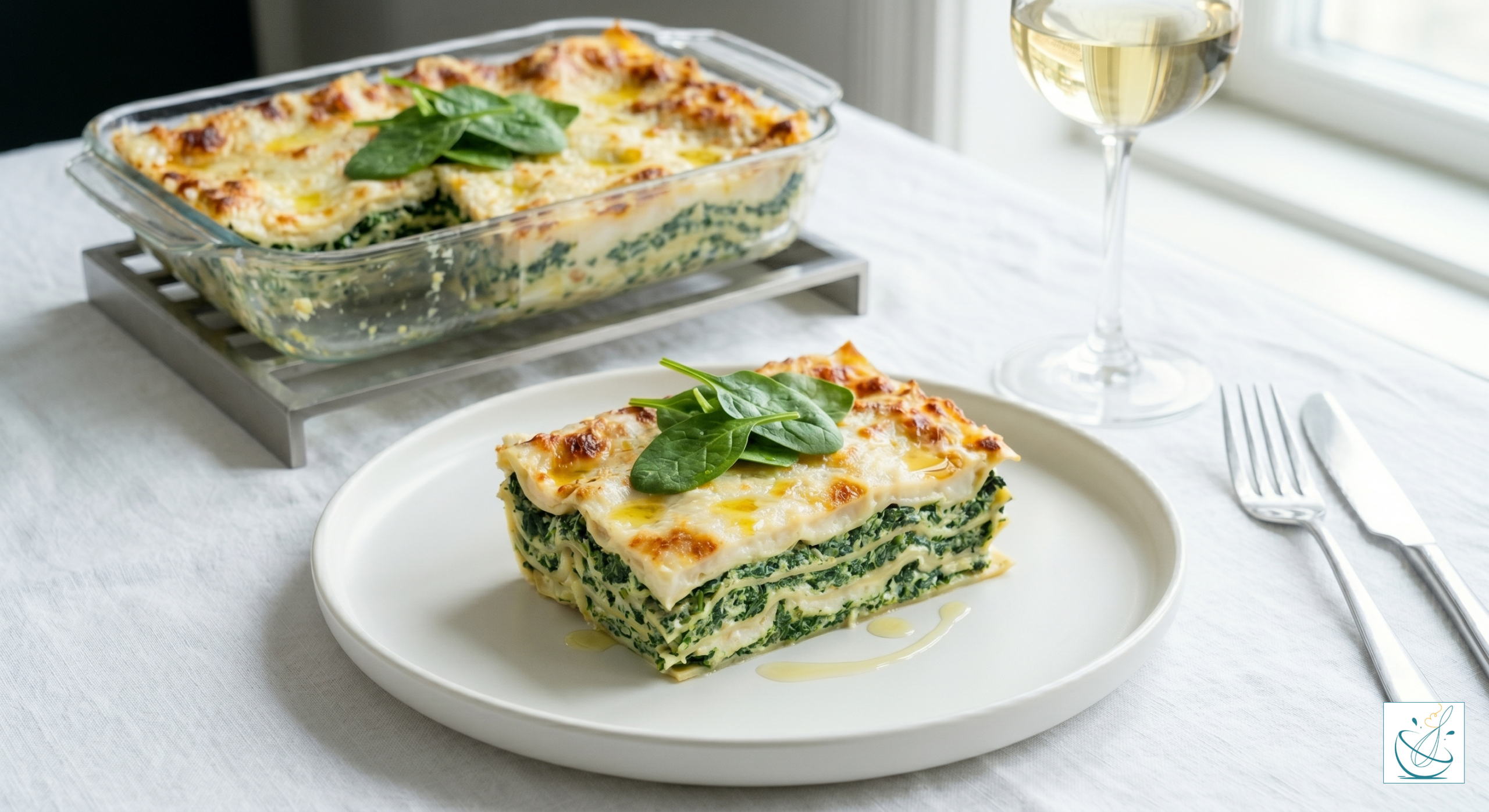 O porție de lasagna cu straturi vizibile de spanac și sos alb, servită pe o farfurie rotundă, alături de un pahar cu vin alb și restul preparatului într-un vas de sticlă.
