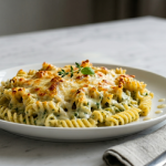 4. O porție de paste spirale gratinate la cuptor, acoperite cu un sos cremos cu leurdă și o crustă aurie de brânză topită, decorate cu o crenguță proaspătă, servite pe o farfurie albă așezată pe un blat de marmură.