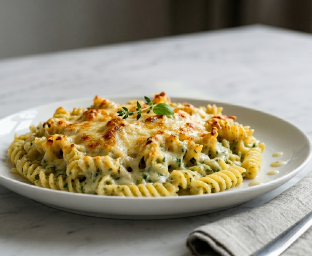 4. O porție de paste spirale gratinate la cuptor, acoperite cu un sos cremos cu leurdă și o crustă aurie de brânză topită, decorate cu o crenguță proaspătă, servite pe o farfurie albă așezată pe un blat de marmură.