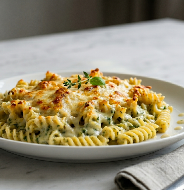 4. O porție de paste spirale gratinate la cuptor, acoperite cu un sos cremos cu leurdă și o crustă aurie de brânză topită, decorate cu o crenguță proaspătă, servite pe o farfurie albă așezată pe un blat de marmură.