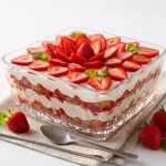 Un vas mare de sticlă pătrat plin cu un desert tiramisu cu straturi de pișcoturi și cremă, decorat elaborat cu felii de căpșuni aranjate ca o floare. Vasul este așezat pe un șervet de in, cu o lingură și căpșuni proaspete în jur, pe un fundal alb luminos.