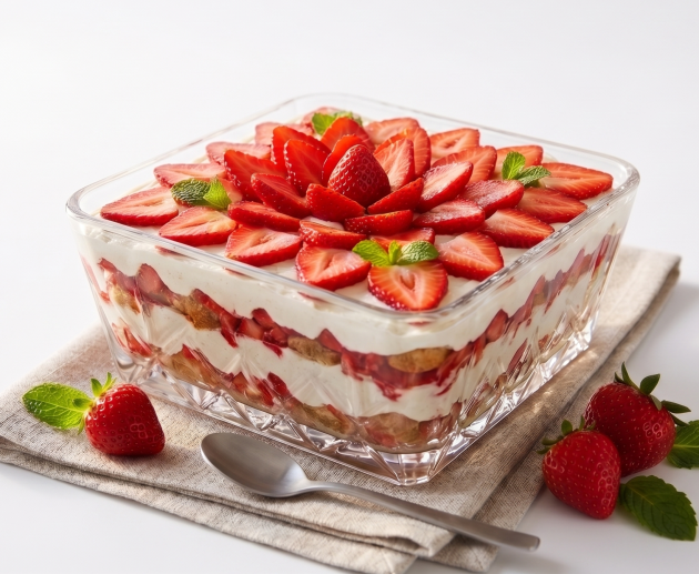 Un vas mare de sticlă pătrat plin cu un desert tiramisu cu straturi de pișcoturi și cremă, decorat elaborat cu felii de căpșuni aranjate ca o floare. Vasul este așezat pe un șervet de in, cu o lingură și căpșuni proaspete în jur, pe un fundal alb luminos.