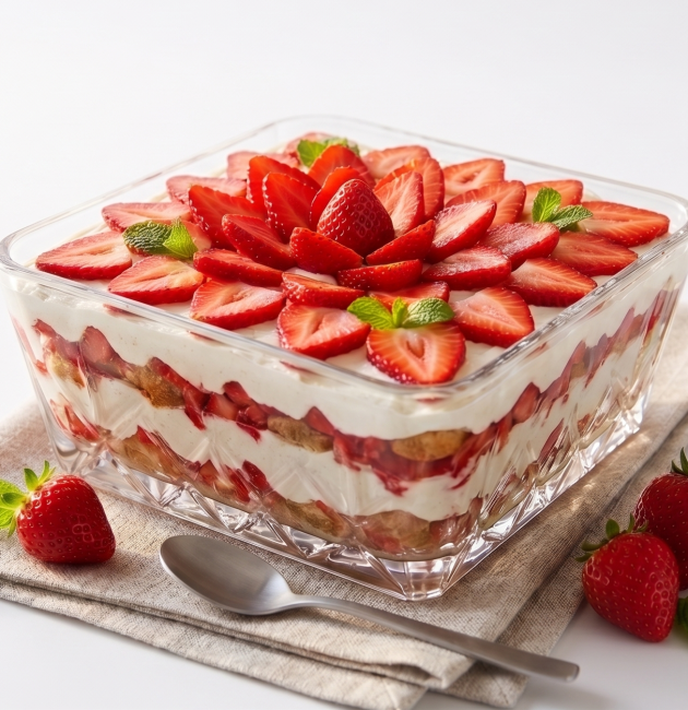 Un vas mare de sticlă pătrat plin cu un desert tiramisu cu straturi de pișcoturi și cremă, decorat elaborat cu felii de căpșuni aranjate ca o floare. Vasul este așezat pe un șervet de in, cu o lingură și căpșuni proaspete în jur, pe un fundal alb luminos.