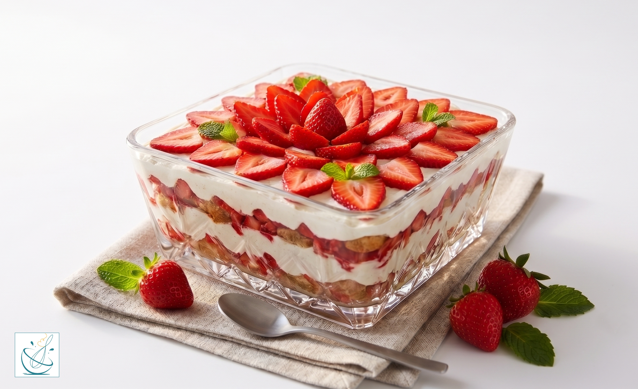 Un vas mare de sticlă pătrat plin cu un desert tiramisu cu straturi de pișcoturi și cremă, decorat elaborat cu felii de căpșuni aranjate ca o floare. Vasul este așezat pe un șervet de in, cu o lingură și căpșuni proaspete în jur, pe un fundal alb luminos.