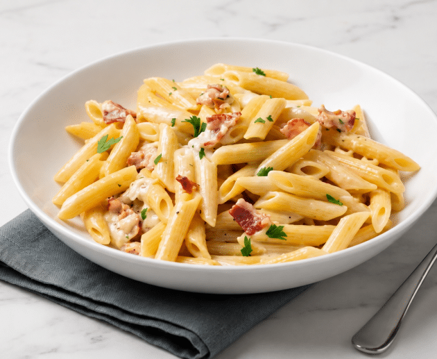 O farfurie adâncă albă plină cu paste penne acoperite cu un sos cremos de brânză, bucăți de bacon crocant și pătrunjel proaspăt, așezată pe un șervet gri pe un blat de marmură albă.
