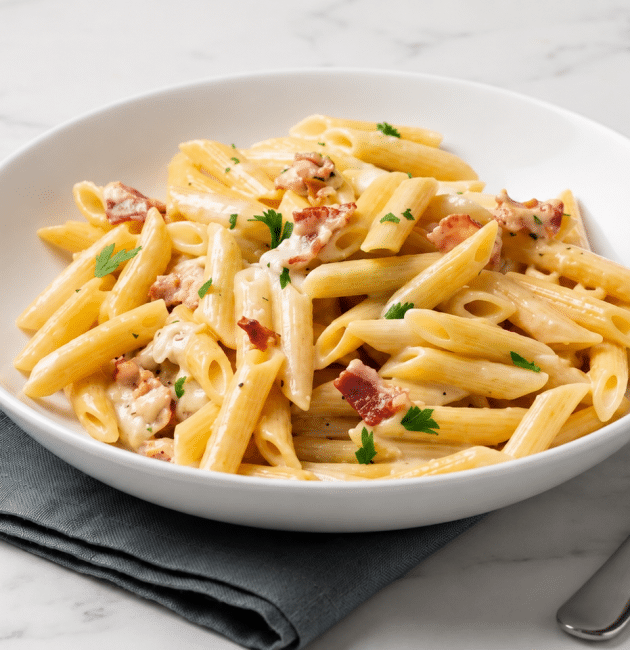 O farfurie adâncă albă plină cu paste penne acoperite cu un sos cremos de brânză, bucăți de bacon crocant și pătrunjel proaspăt, așezată pe un șervet gri pe un blat de marmură albă.
