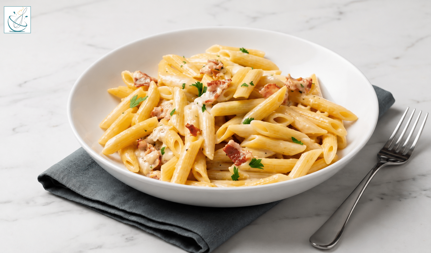 O farfurie adâncă albă plină cu paste penne acoperite cu un sos cremos de brânză, bucăți de bacon crocant și pătrunjel proaspăt, așezată pe un șervet gri pe un blat de marmură albă.