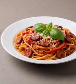 Spaghete cu cârnați și sos de roșii