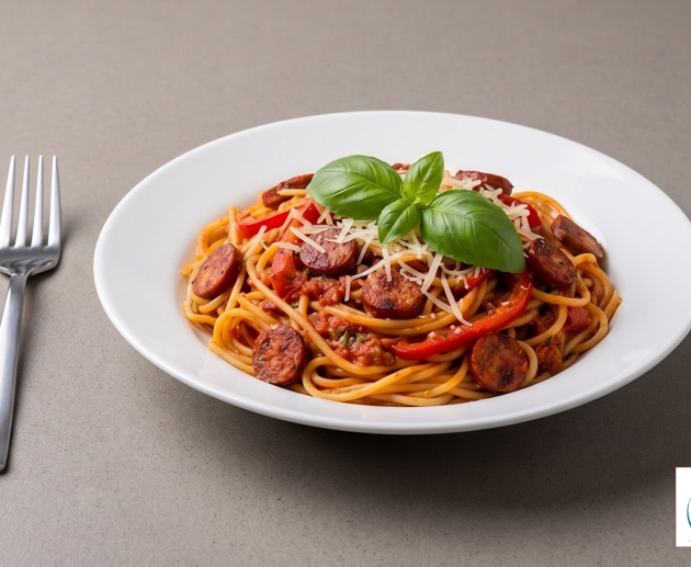 O farfurie albă cu spaghete amestecate cu sos de roșii, rondele de cârnați rumeniți și fâșii de ardei kapia roșu, presărate cu brânză rasă și decorate cu frunze de busuioc, așezată pe un blat gri mat, alături de o furculiță.