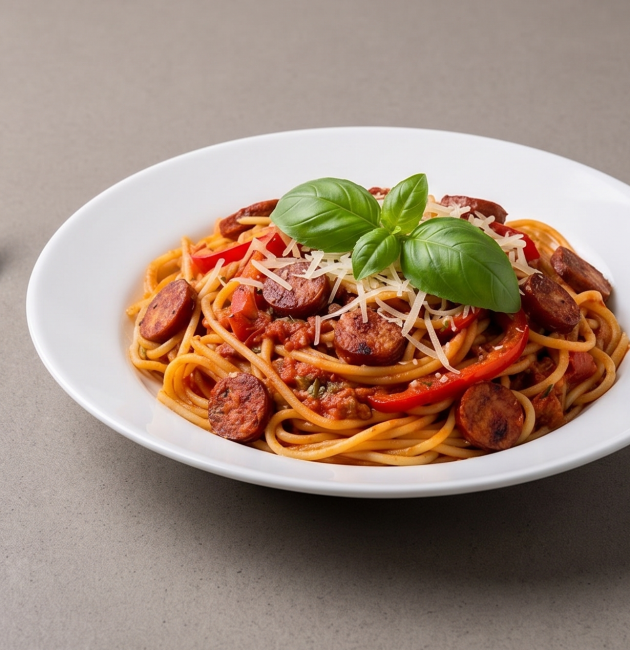 O farfurie albă cu spaghete amestecate cu sos de roșii, rondele de cârnați rumeniți și fâșii de ardei kapia roșu, presărate cu brânză rasă și decorate cu frunze de busuioc, așezată pe un blat gri mat, alături de o furculiță.