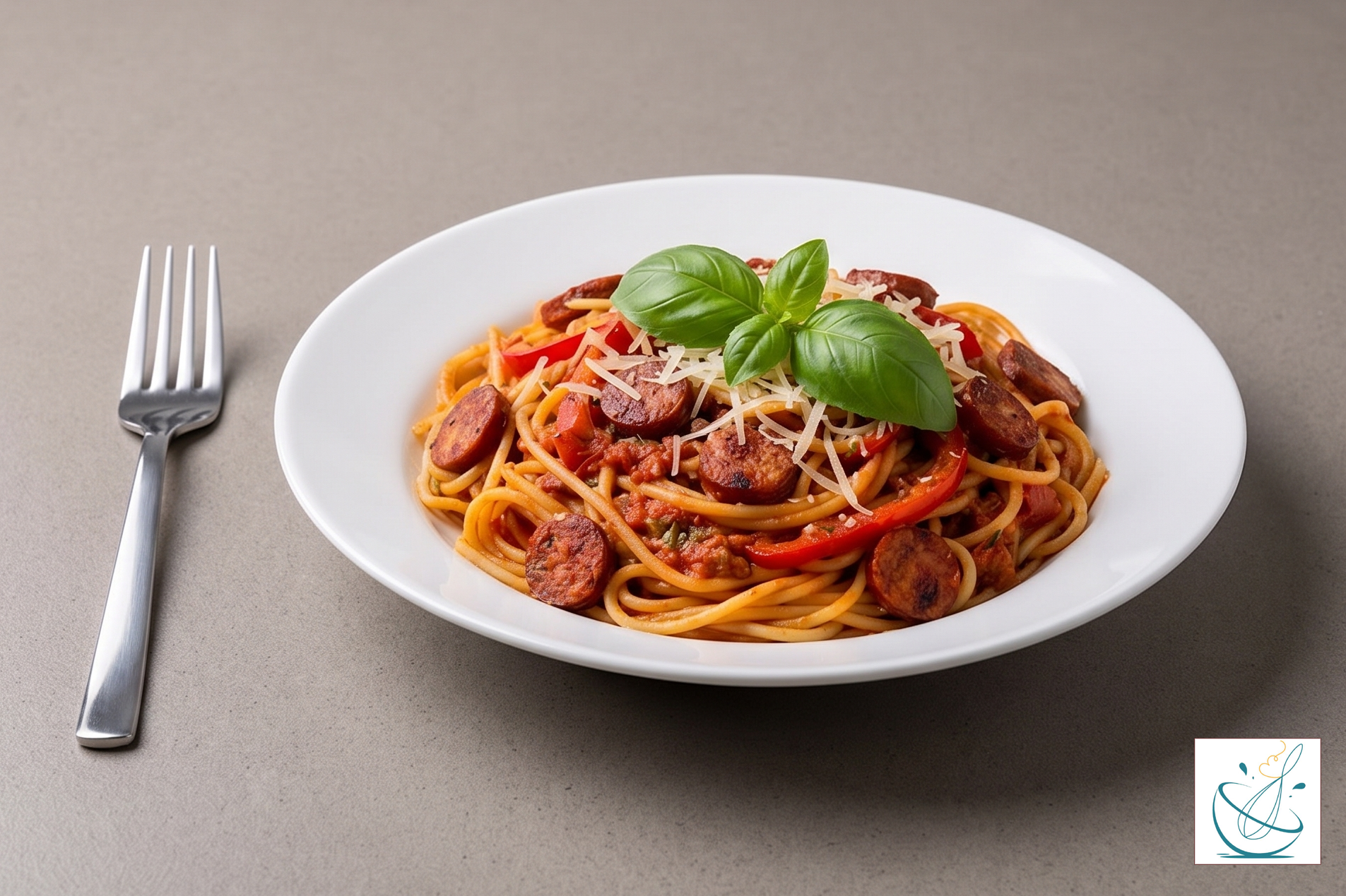 O farfurie albă cu spaghete amestecate cu sos de roșii, rondele de cârnați rumeniți și fâșii de ardei kapia roșu, presărate cu brânză rasă și decorate cu frunze de busuioc, așezată pe un blat gri mat, alături de o furculiță.