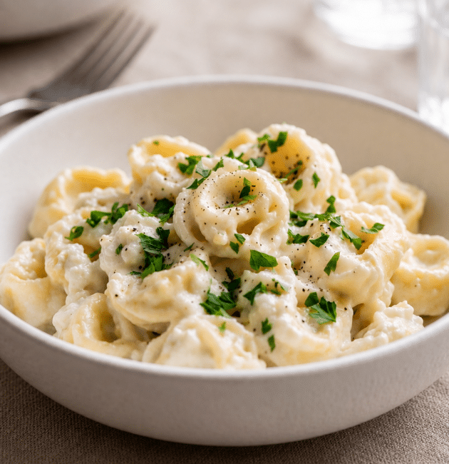 O farfurie albă cu tortellini acoperite cu un sos cremos de ricotta, pătrunjel verde proaspăt tocat și piper negru, servite pe o masă de prânz.