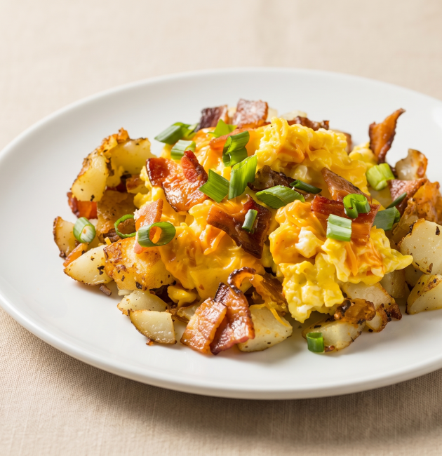 O farfurie albă plată plin cu cartofi prăjiți cubulețe, ouă omletă cremoase și bucăți crocante de bacon, garnisit cu ceapă verde tocată, servit pe o suprafață texturată bej.