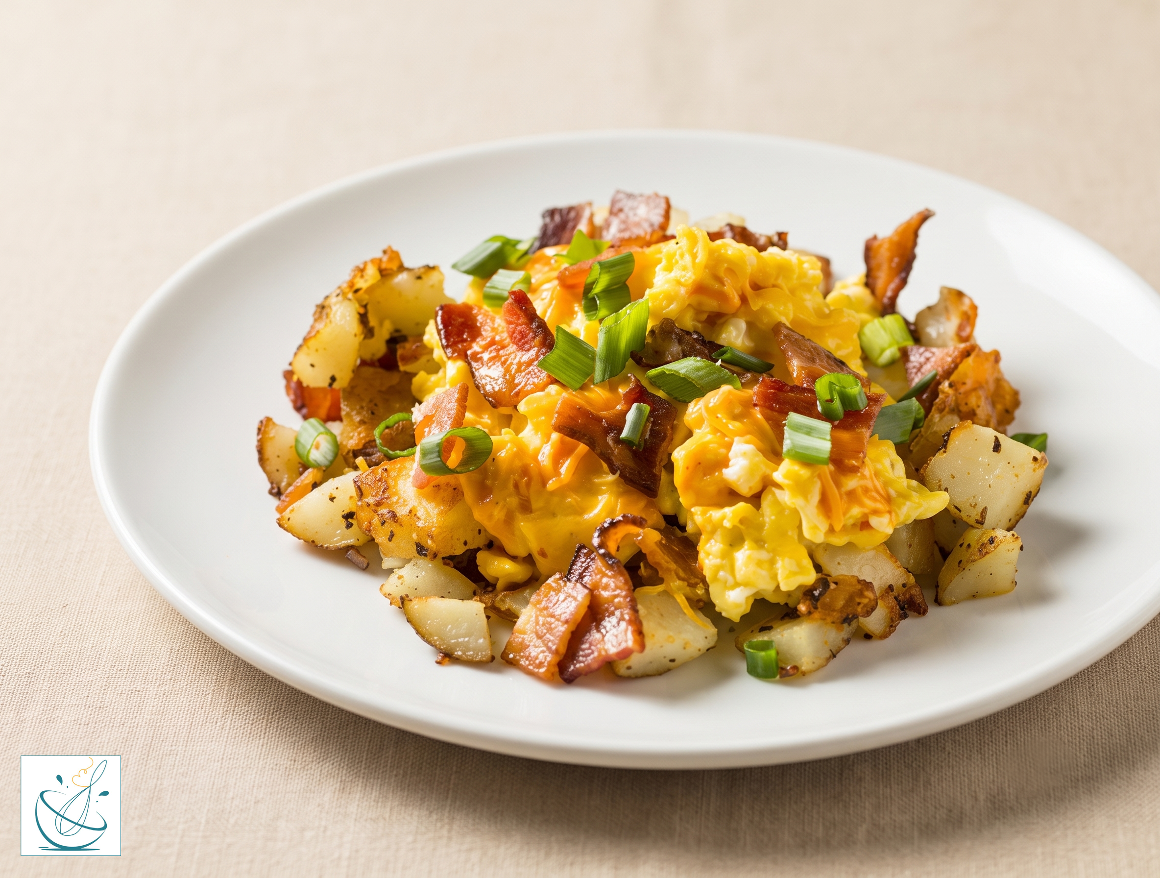 O farfurie albă plată plin cu cartofi prăjiți cubulețe, ouă omletă cremoase și bucăți crocante de bacon, garnisit cu ceapă verde tocată, servit pe o suprafață texturată bej.