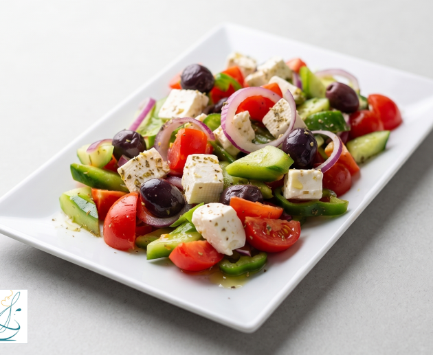 Un platou alb dreptunghiular plin cu o salată proaspătă din roșii, castraveți, ceapă roșie, ardei verde, măsline Kalamata și cuburi mari de brânză feta presărate cu oregano, pe un fundal gri deschis.