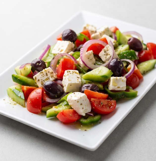 Un platou alb dreptunghiular plin cu o salată proaspătă din roșii, castraveți, ceapă roșie, ardei verde, măsline Kalamata și cuburi mari de brânză feta presărate cu oregano, pe un fundal gri deschis.
