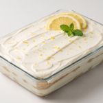 Un desert stratificat, tip tiramisu cu lămâie, servit într-o tavă dreptunghiulară din sticlă, decorat cu felii de lămâie și mentă proaspătă, pe un fundal alb.