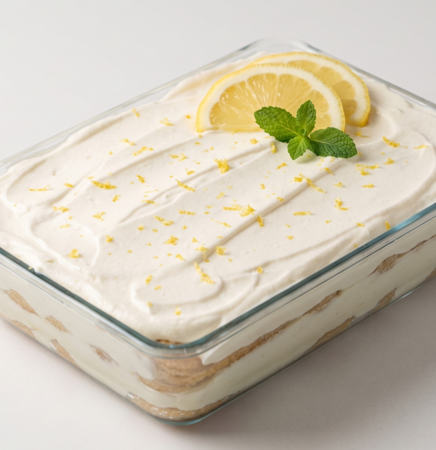 Un desert stratificat, tip tiramisu cu lămâie, servit într-o tavă dreptunghiulară din sticlă, decorat cu felii de lămâie și mentă proaspătă, pe un fundal alb.