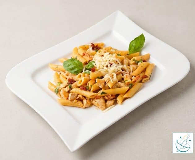 O farfurie albă dreptunghiulară cu paste penne, bucăți de pui și roșii uscate, presărate cu brânză rasă și decorate cu frunze de busuioc proaspăt, pe un fundal bej deschis.