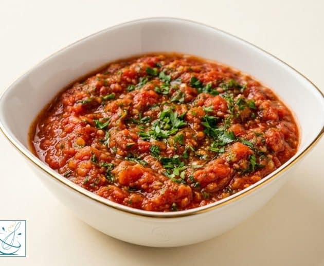 Un bol alb elegant cu margine aurie, plin cu o salată de vinete și roșii cu textură rustică, decorată cu pătrunjel verde proaspăt tocat, așezat pe un fundal crem deschis.