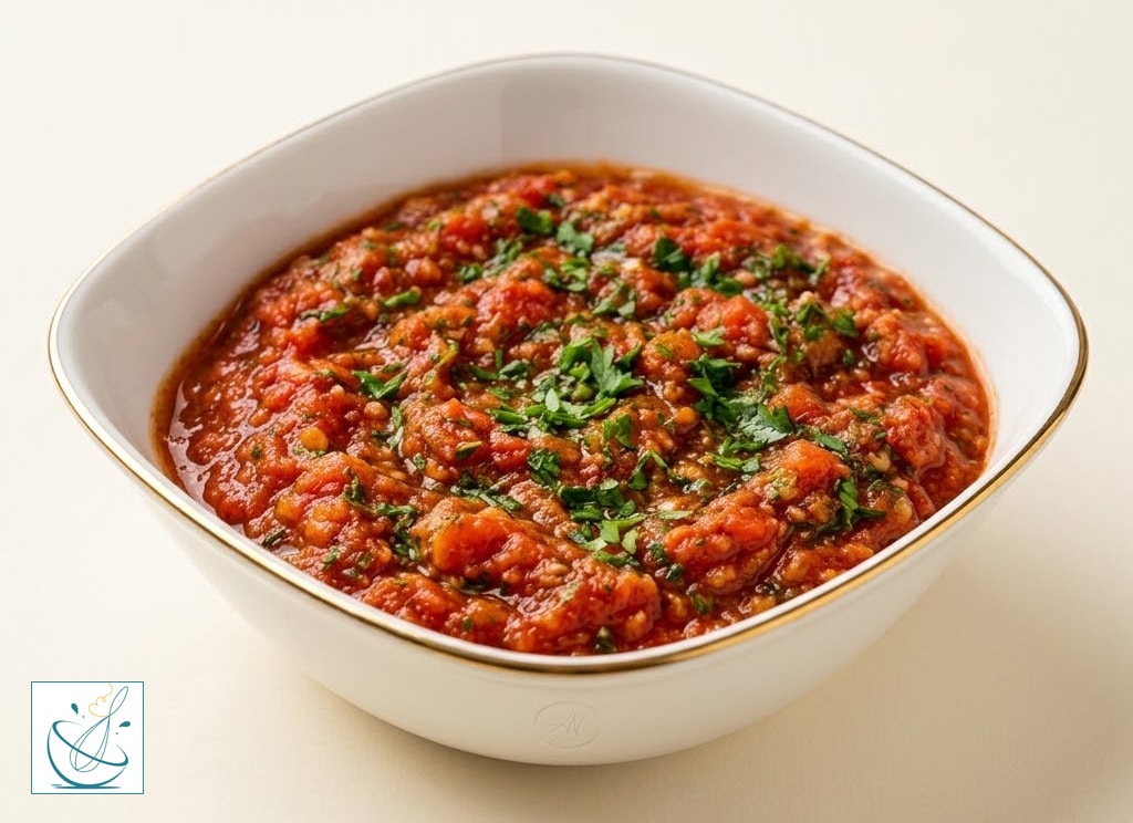 Un bol alb elegant cu margine aurie, plin cu o salată de vinete și roșii cu textură rustică, decorată cu pătrunjel verde proaspăt tocat, așezat pe un fundal crem deschis.