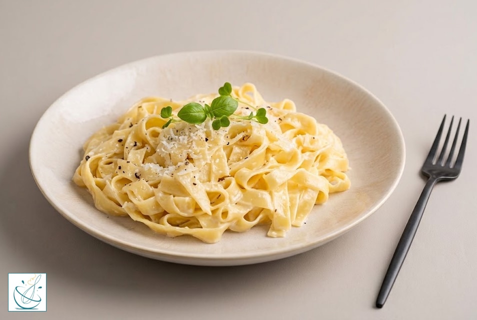O porție generoasă de paste Fettuccine Alfredo cu sos cremos, parmezan ras, piper negru și frunze proaspete de verdeață, servite într-o farfurie din ceramică, alături de o furculiță neagră mată.